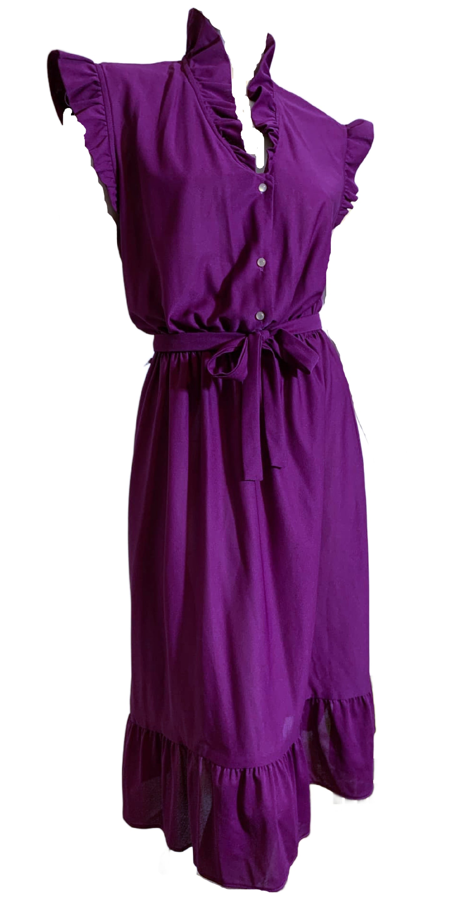 Deep Violet  Crepe Nylon Ruffled Dress circa 1980s