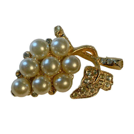 Faux Pearl Grape Cluster Brooch with Rhinestones circa 1960s