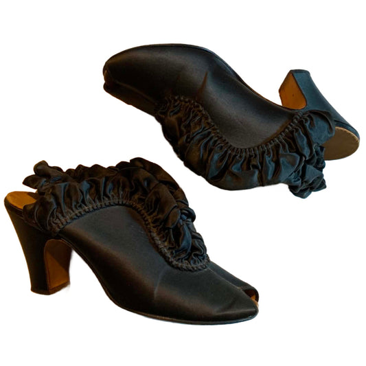 Black Satin Ruffled Slingback Boudoir Slippers Shoes "Frou Frou" circa 1930s
