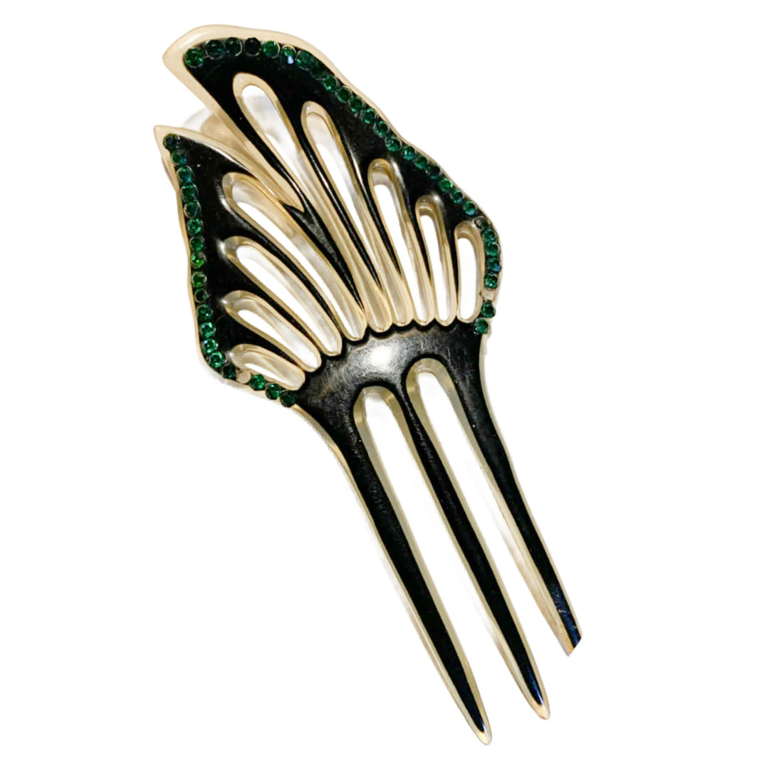 Green Rhinestone Black Butterfly Wing Shaped Celluloid Hair Comb Mantilla circa 1920s