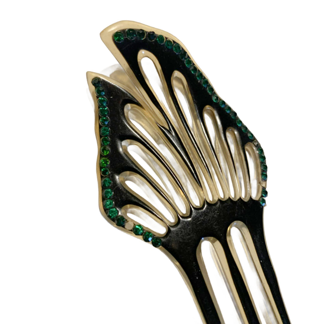Green Rhinestone Black Butterfly Wing Shaped Celluloid Hair Comb Mantilla circa 1920s