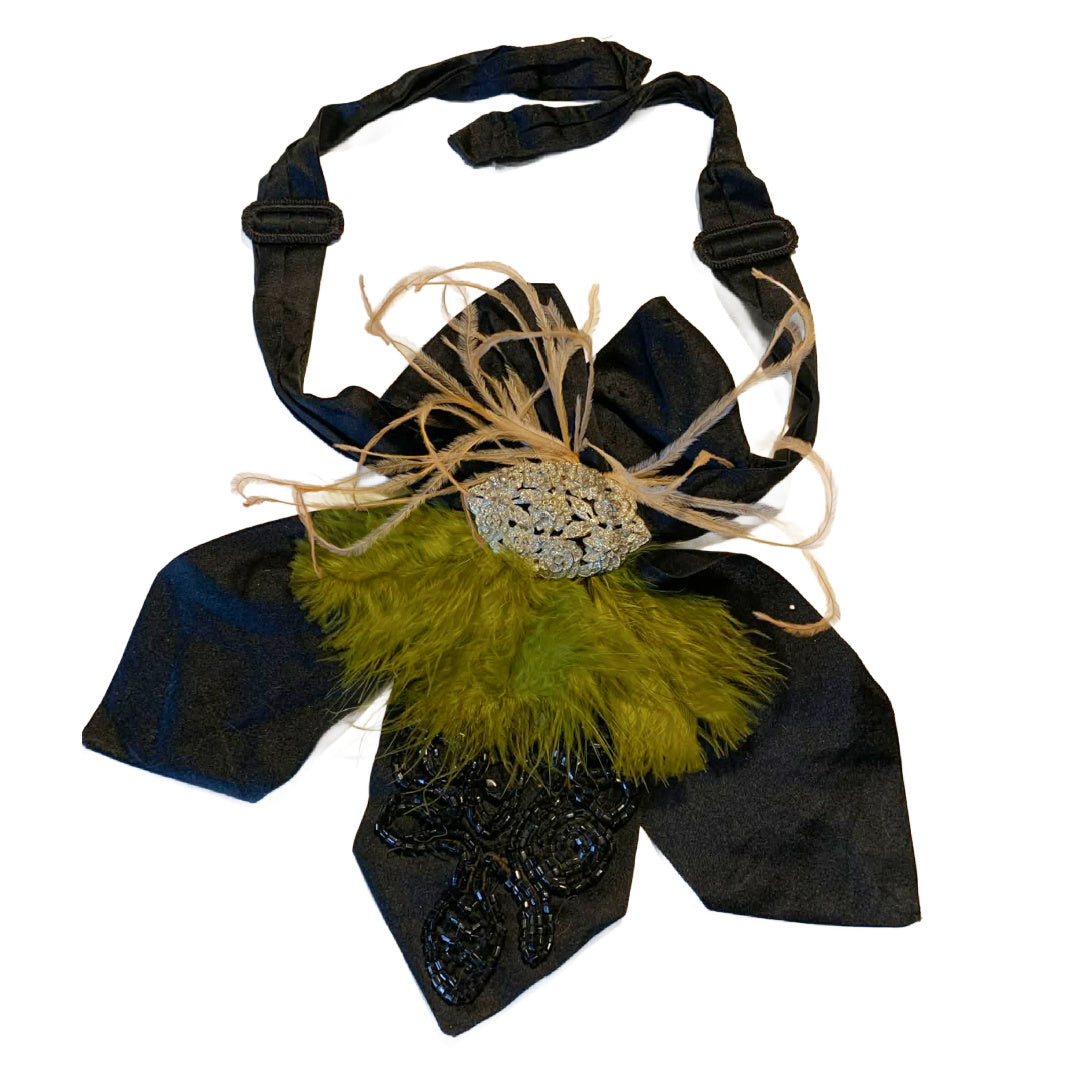 La Fée Verte Victorian Silk Neckpiece with Jet Beading Rhinestones and Feathers