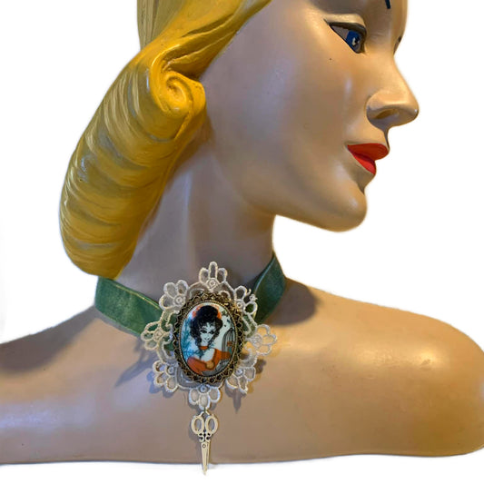 Girl With the Green Ribbon Reimagined Velvet Ribbon Choker Necklace with Portrait Brooch and Scissors