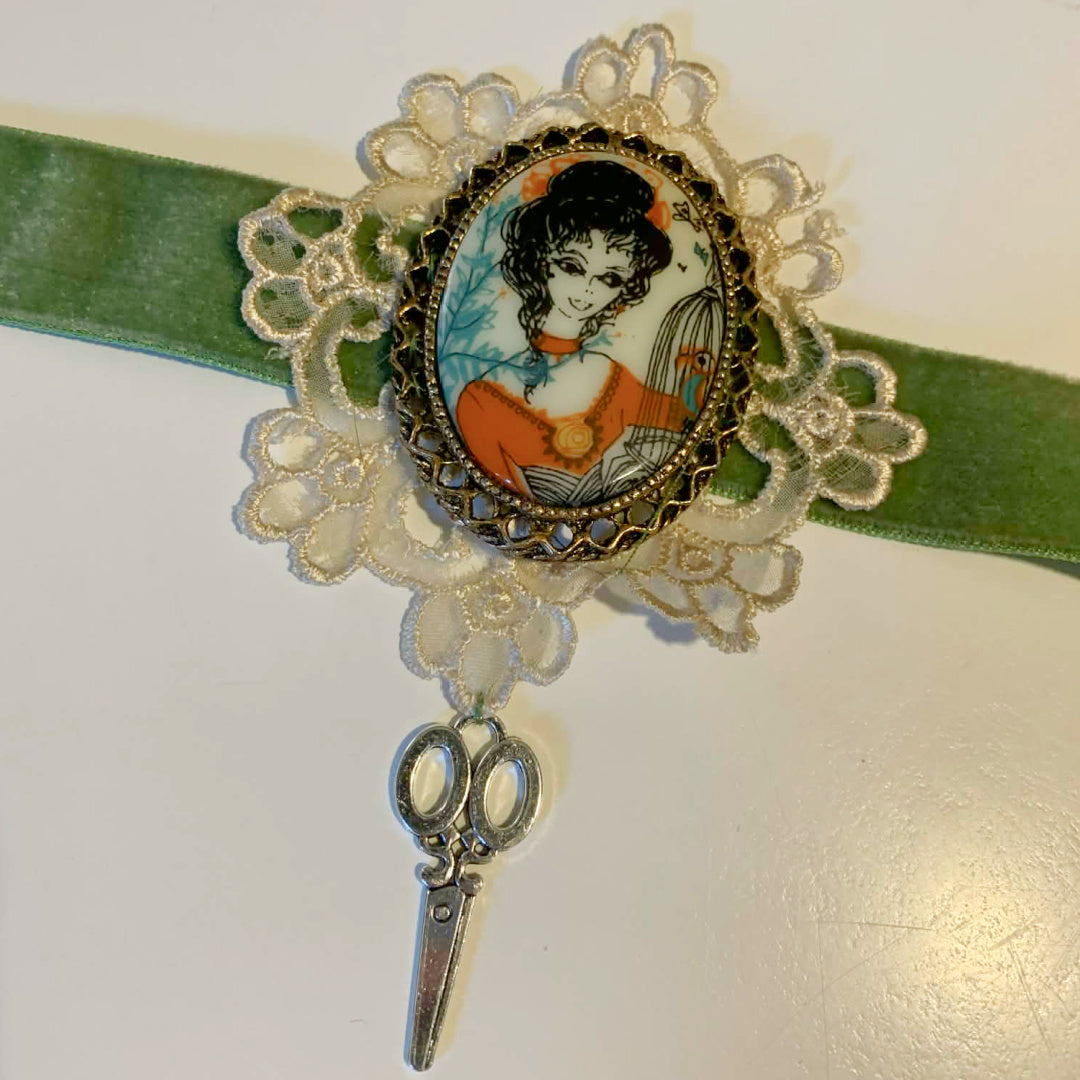 Girl With the Green Ribbon Reimagined Velvet Ribbon Choker Necklace with Portrait Brooch and Scissors