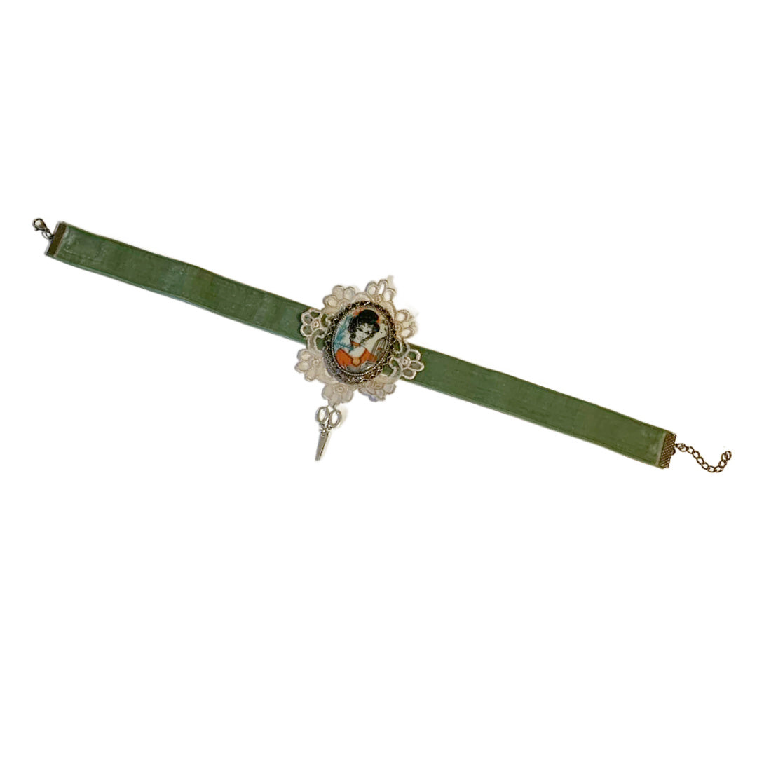 Girl With the Green Ribbon Reimagined Velvet Ribbon Choker Necklace with Portrait Brooch and Scissors