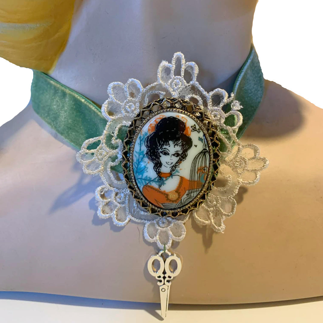 Girl With the Green Ribbon Reimagined Velvet Ribbon Choker Necklace with Portrait Brooch and Scissors