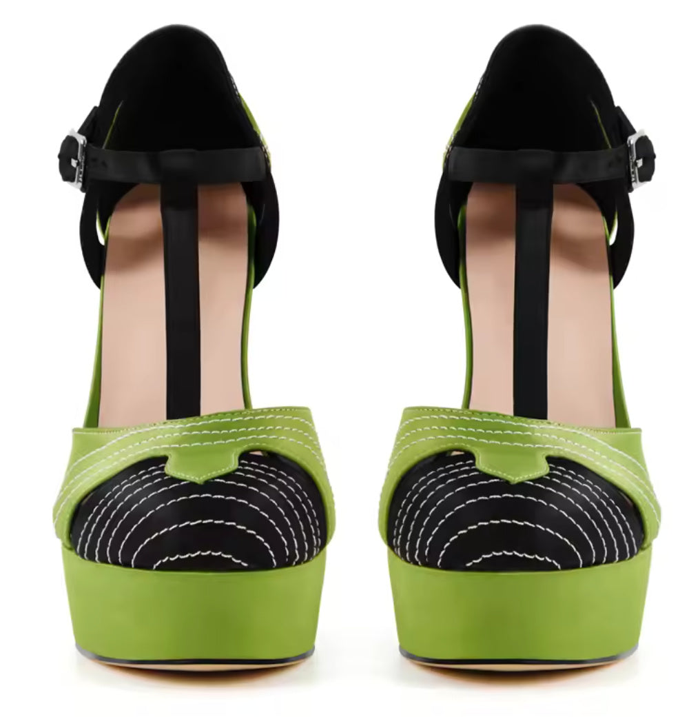 Mazie- the Chartreuse and Black Art Deco T Strap High Heels