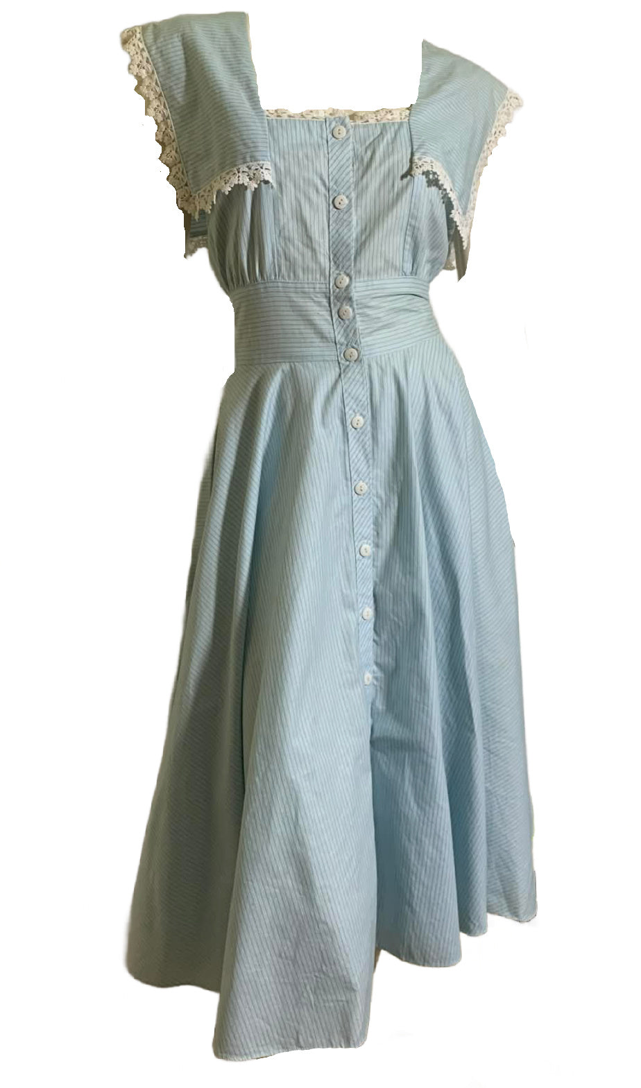Ticking Striped Baby Blue Cotton Dress with Lace Trim circa 1980s Gunne Sax