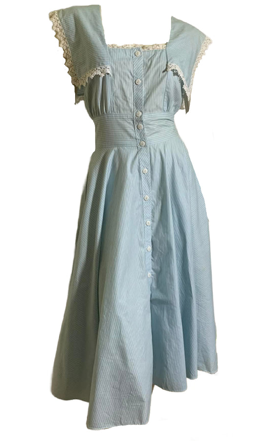Ticking Striped Baby Blue Cotton Dress with Lace Trim circa 1980s Gunne Sax