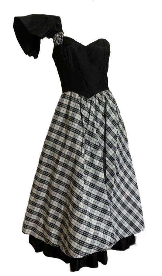 Black and White Taffeta One Shoulder Party Dress with Plaid Skirt circa 1980s Gunne Sax