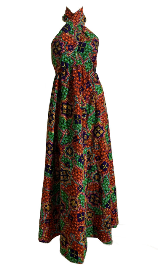 Twist Front Open Back Multicolored Maxi Dress circa 1970s