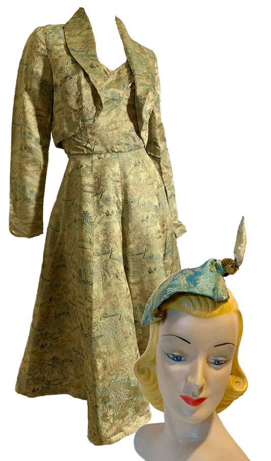 Chinese Embroidered Silk Halter Dress and Jacket with Hat and Brooch circa 1950s