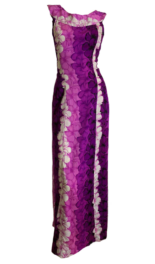 Purple and Pink Plumeria Print Hawaiian Maxi Dress with Watteau Train circa 1980s