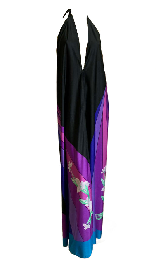 Hawaiian Jersey Nylon Deep V Neck Low Back Beach Dress circa 1980s