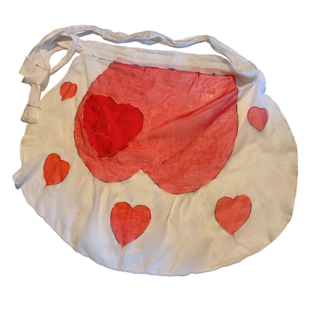 Be Mine Red Heart Hand Made Apron Rainbow Stitching circa 1930s