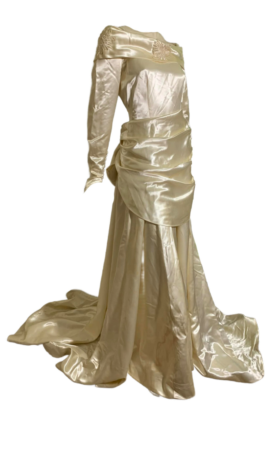 Soft White Slipper Satin Hip Draped Wedding Dress circa 1940s
