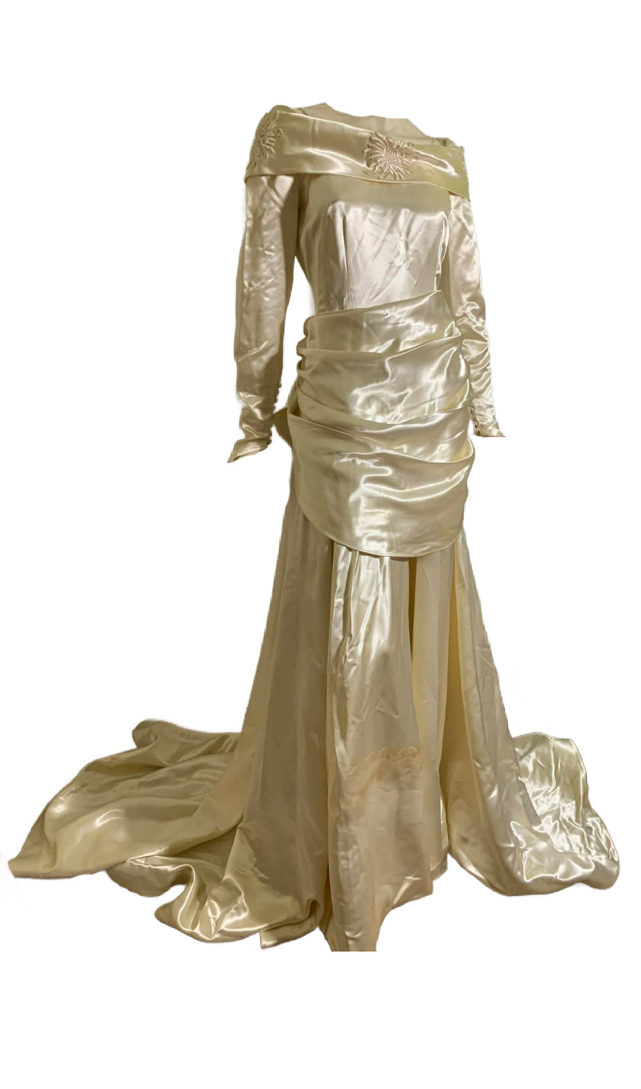 Soft White Slipper Satin Hip Draped Wedding Dress circa 1940s