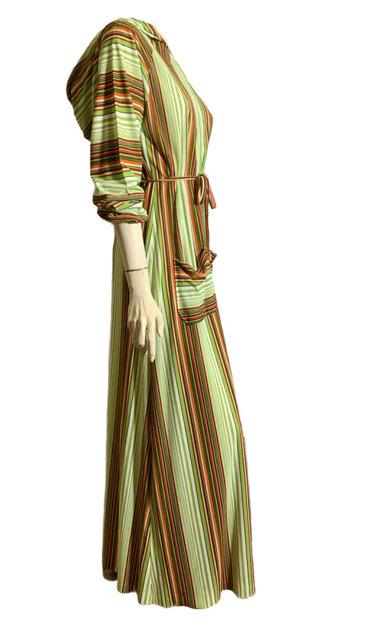 RESERVED Lime Green and Orange Shaved Terry Cloth Hooded Lounge Dress circa 1970s