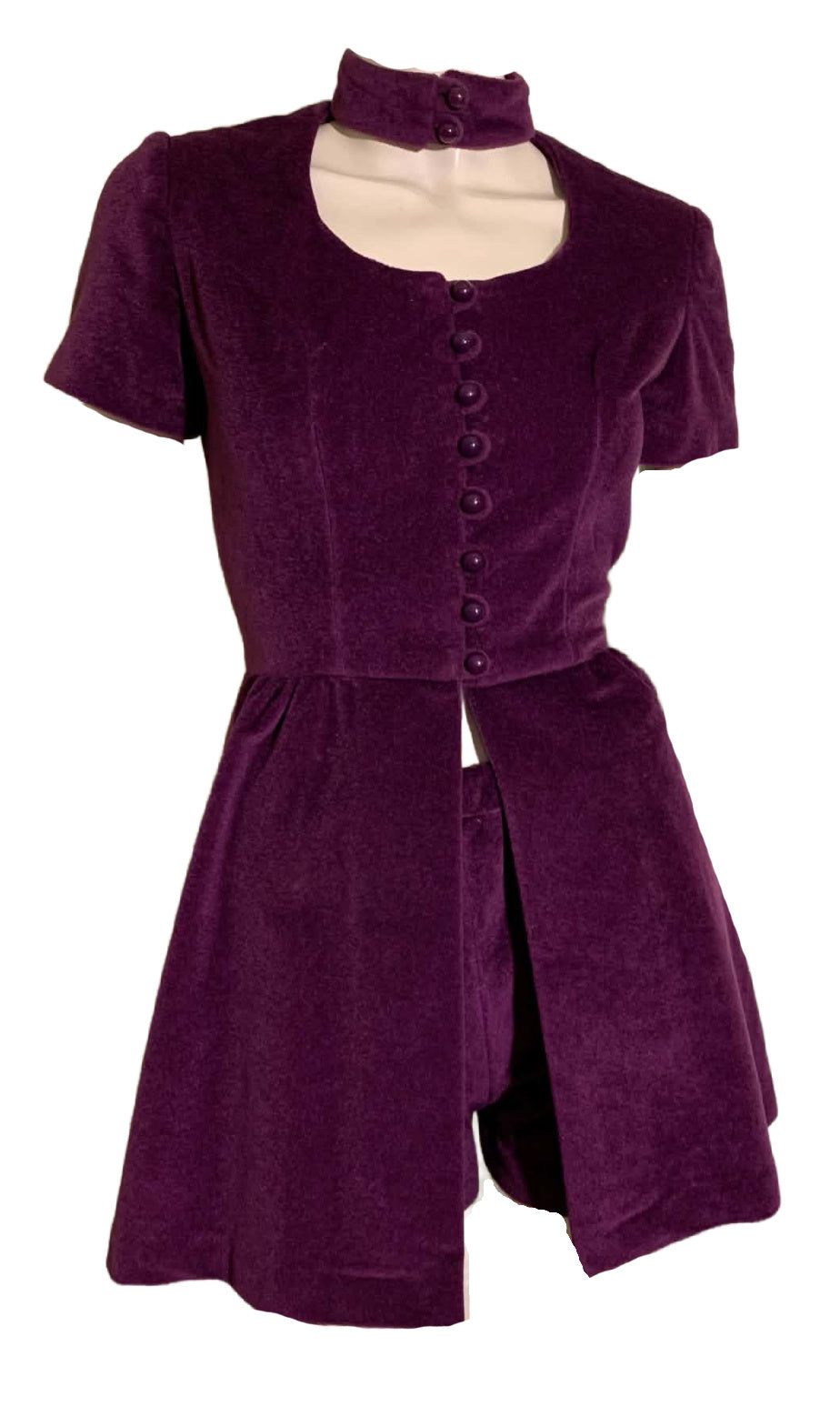 Aubergine Purple Velour Hot Pants and Split Front Mini Dress with Choker Collar circa 1970s