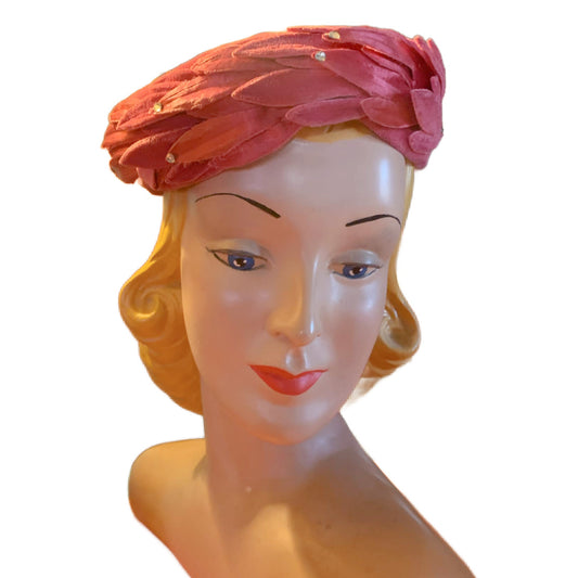 Hot Pink Velvet Short Pill Box Hat with Winged Accent circa 1960s