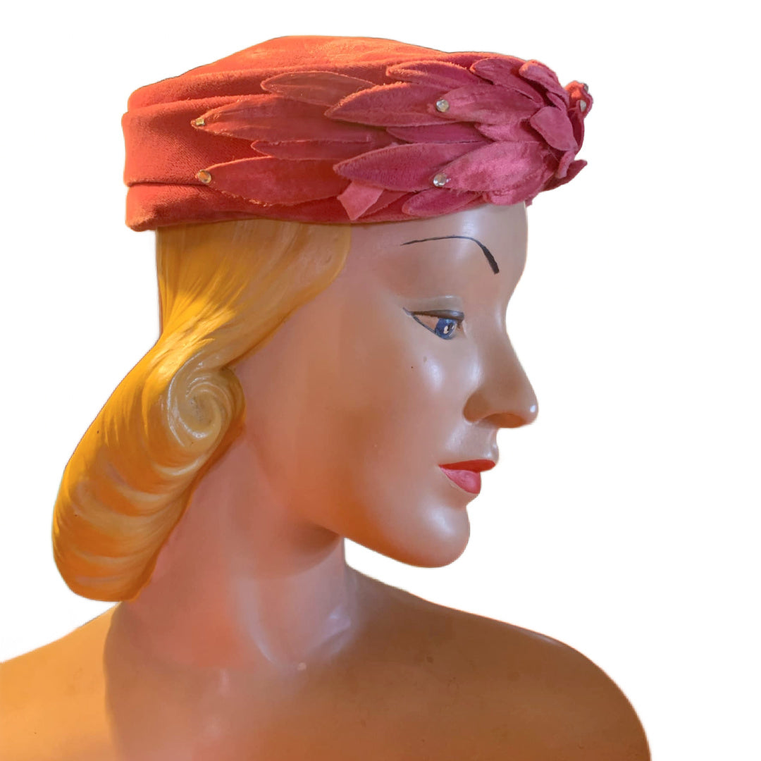 Hot Pink Velvet Short Pill Box Hat with Winged Accent circa 1960s