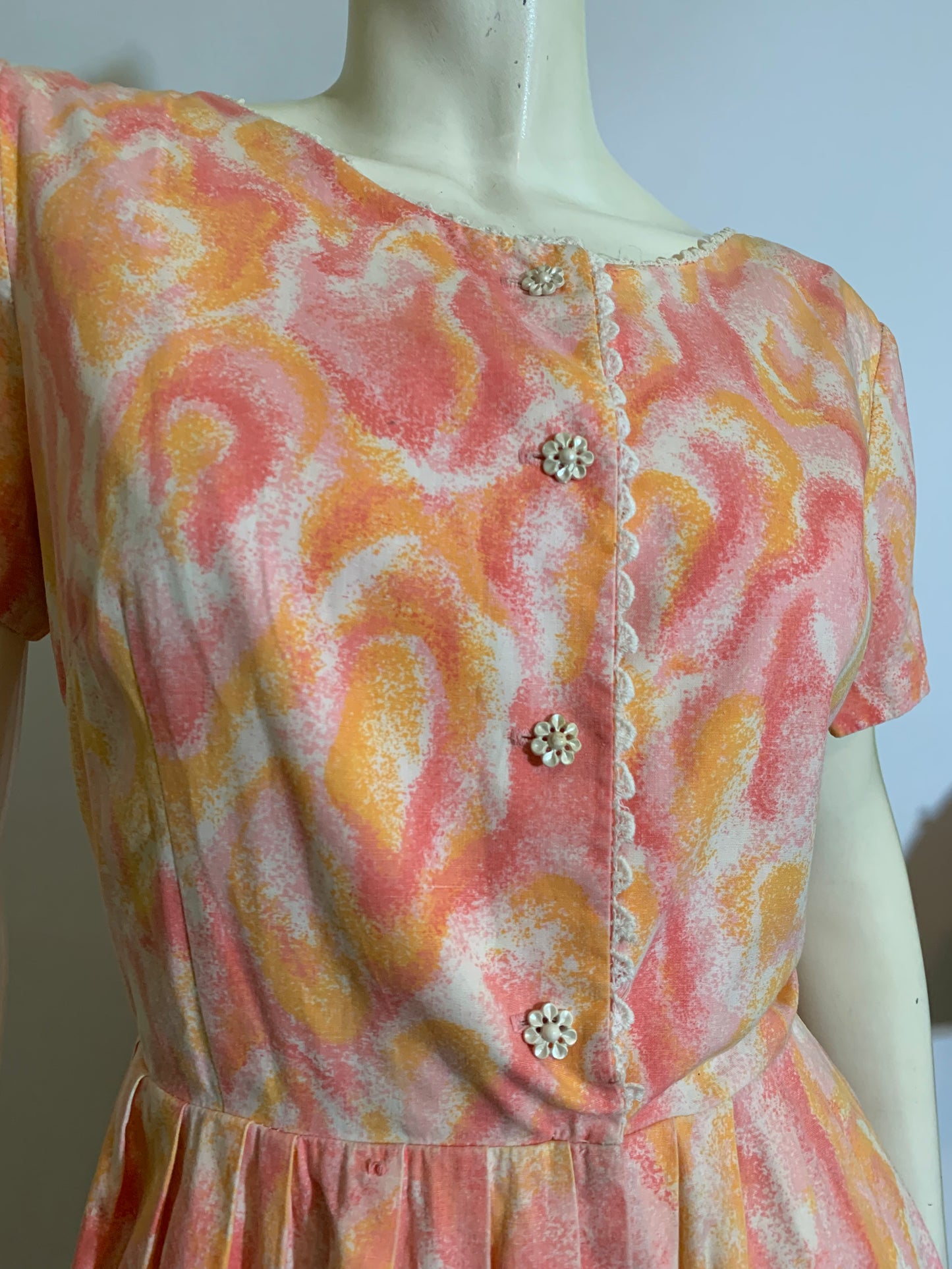 Pretty Peach Abstract Floral Print Cotton Dress circa 1960s