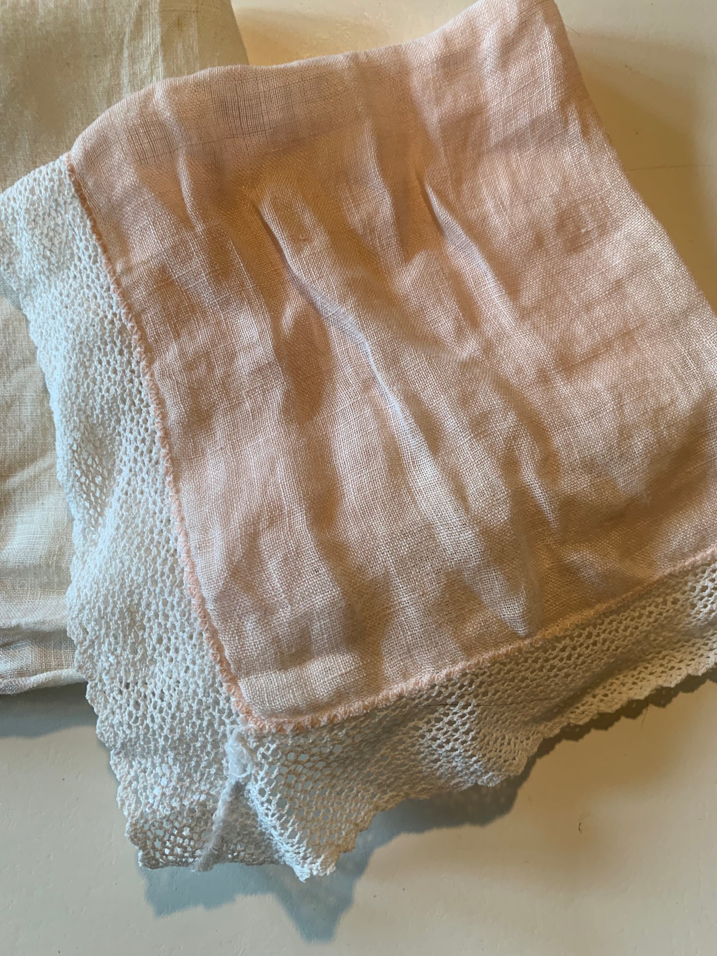 Pink and White Tatted or Embroidered Handkerchiefs Lot 3 circa 1940s