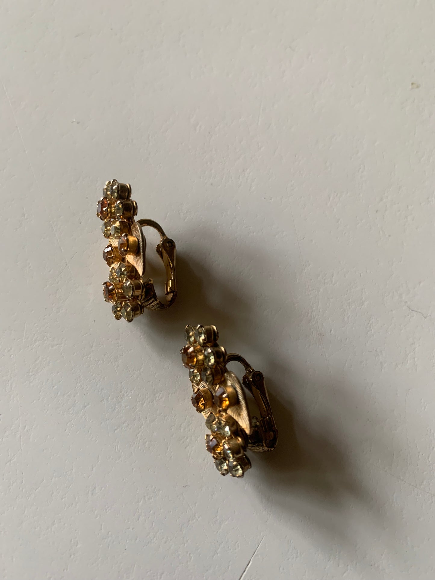 Topaz Colored Tiny Flower Rhinestone Earrings circa 1940s