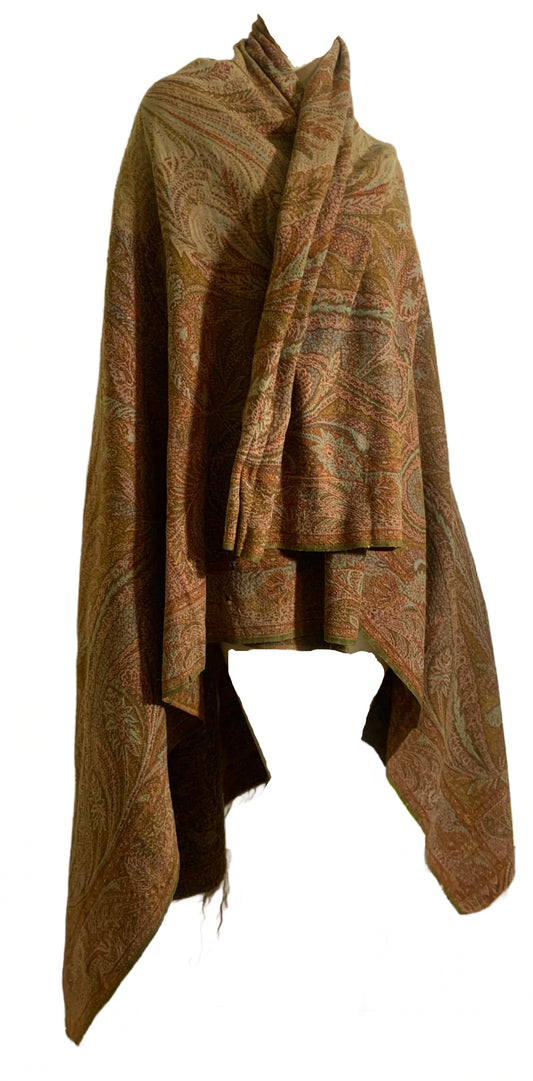 Turn of the Century Sage Green and Terra Cotta Paisley Brocade Wool Shawl circa 1900