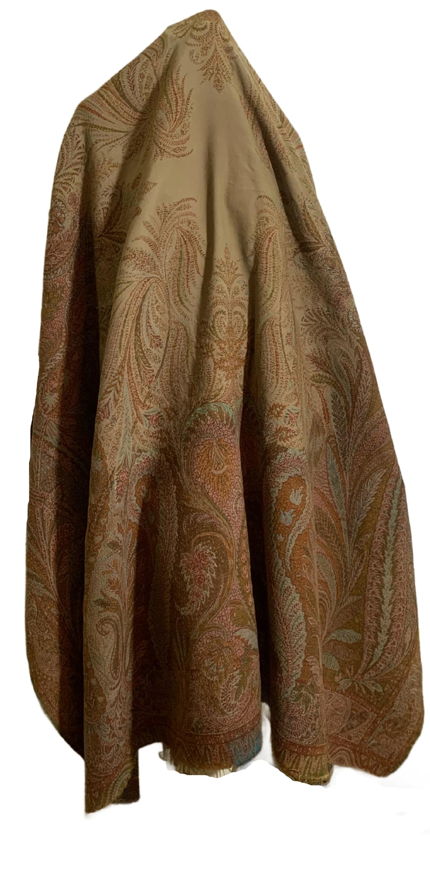 Turn of the Century Sage Green and Terra Cotta Paisley Brocade Wool Shawl circa 1900