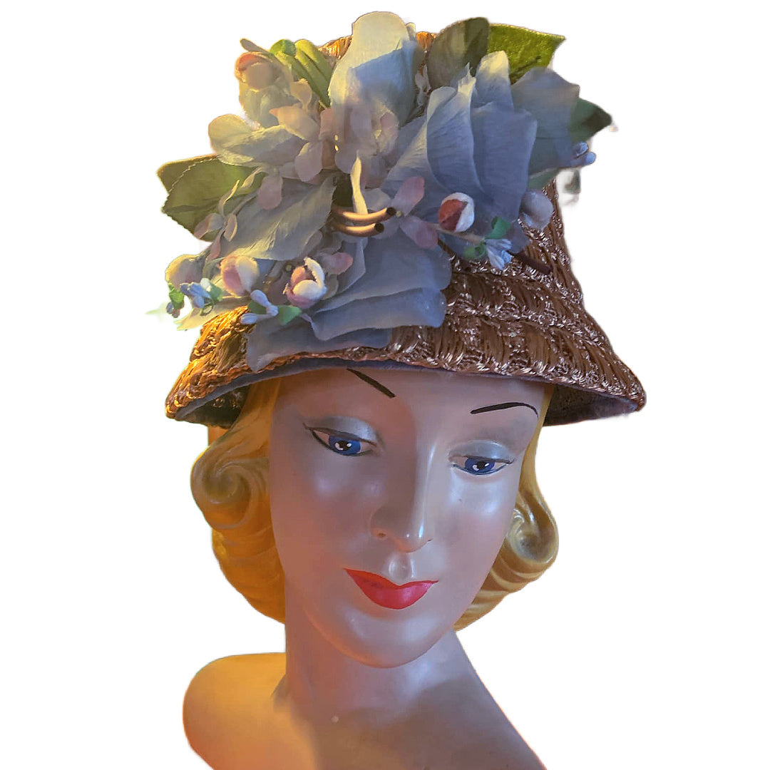 Whimsical Cafe au Lait Sisal Bucket Hat with Lavender Iris circa 1960s