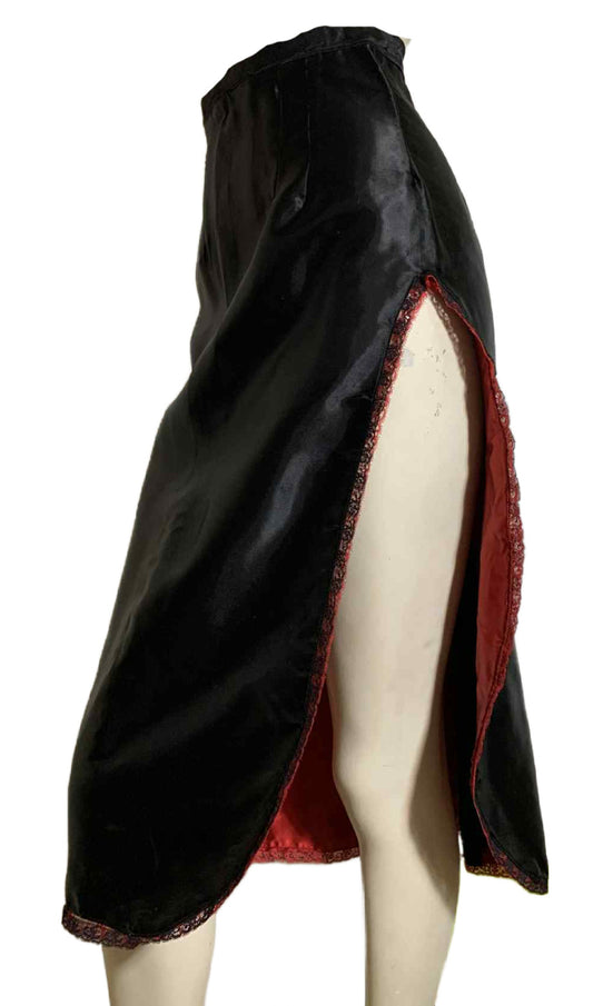 Irma La Douce Inspired Black & Red Satin Skirt with HIGH Side Slit Stage Wear circa 1950s