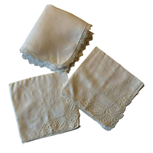 2 Pale Ivory Cotton Handkerchiefs with Lace or Tatting circa 1950s