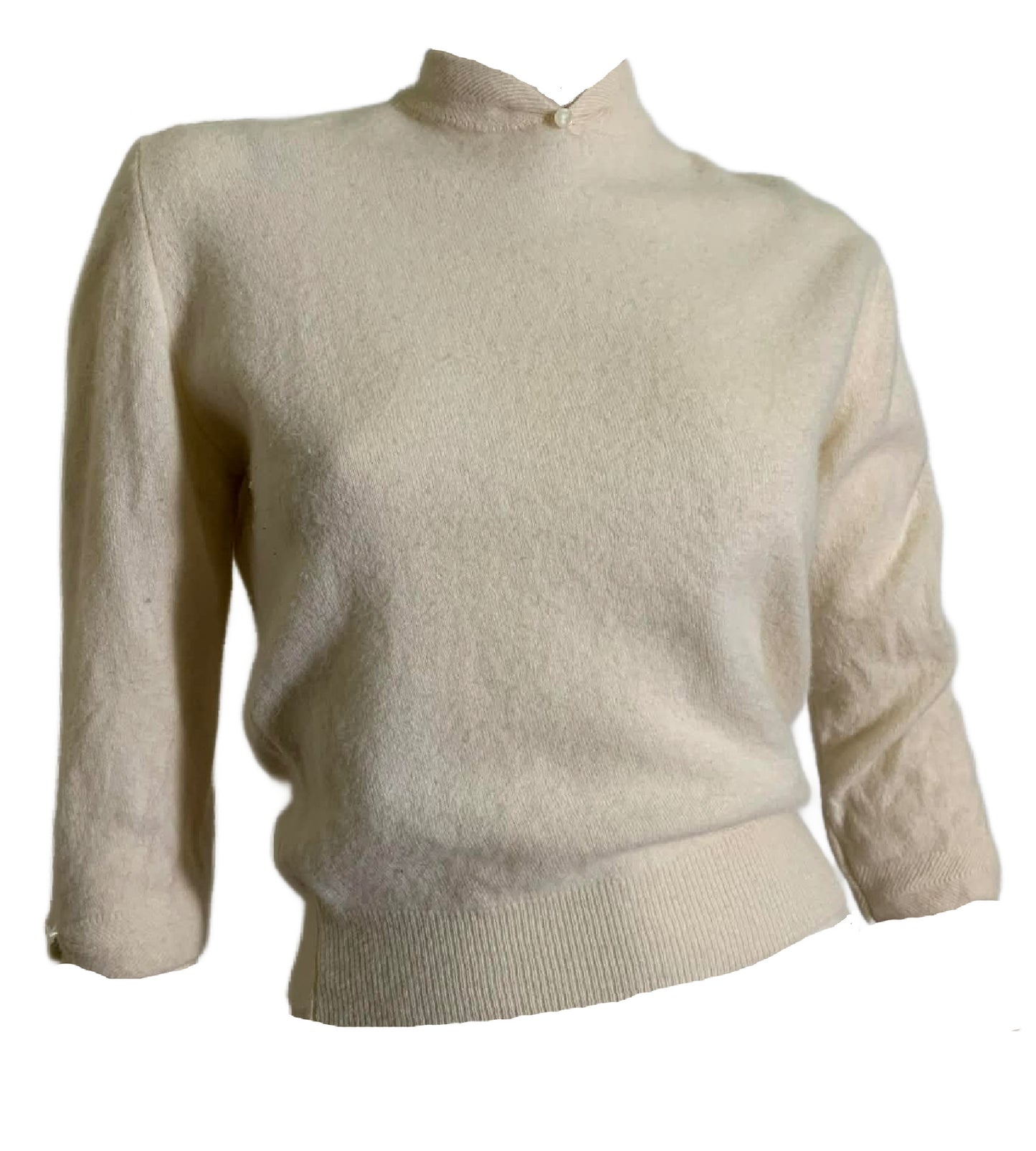 RESERVED Ivory Orlon High Collared Sweater with Button Accent circa 1960s