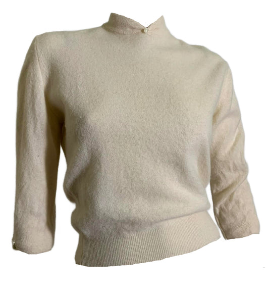 RESERVED Ivory Orlon High Collared Sweater with Button Accent circa 1960s