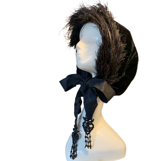 Capot Noir Reimagined Vintage Black Velvet Hood Antique Feather, Ribbon and Sacred Heart Jet Bead Fobs