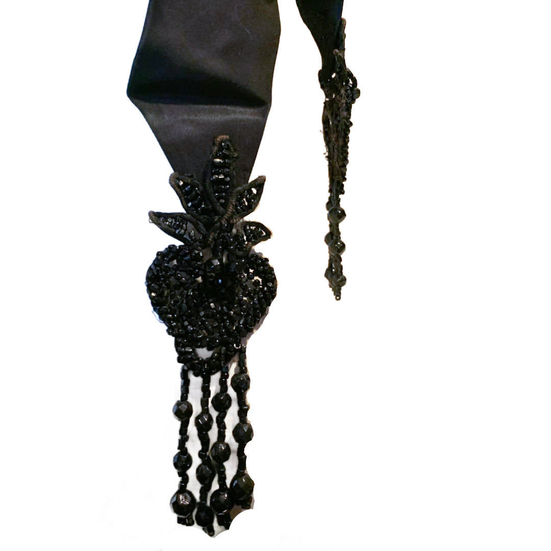 Capot Noir Reimagined Vintage Black Velvet Hood Antique Feather, Ribbon and Sacred Heart Jet Bead Fobs