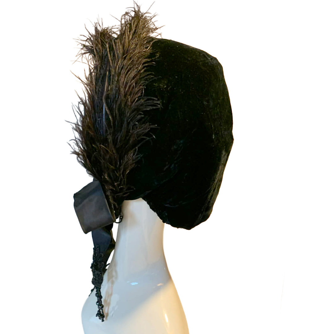 Capot Noir Reimagined Vintage Black Velvet Hood Antique Feather, Ribbon and Sacred Heart Jet Bead Fobs