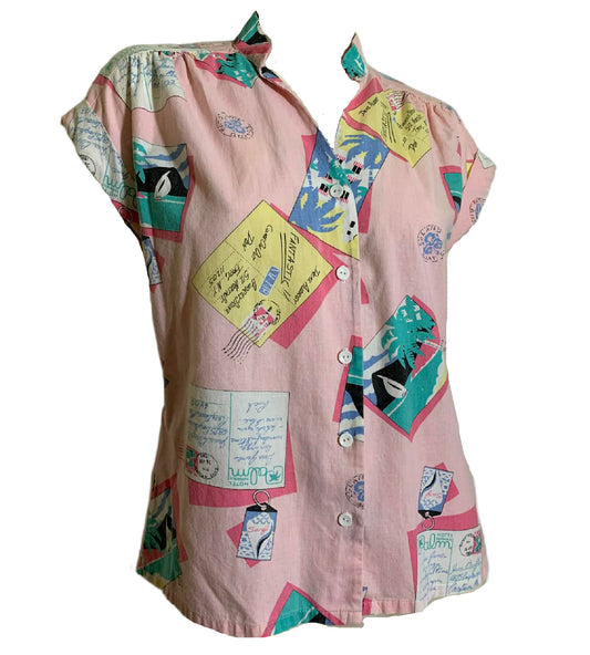Pastel Pink Post Card Print Cotton Blouse circa 1980s