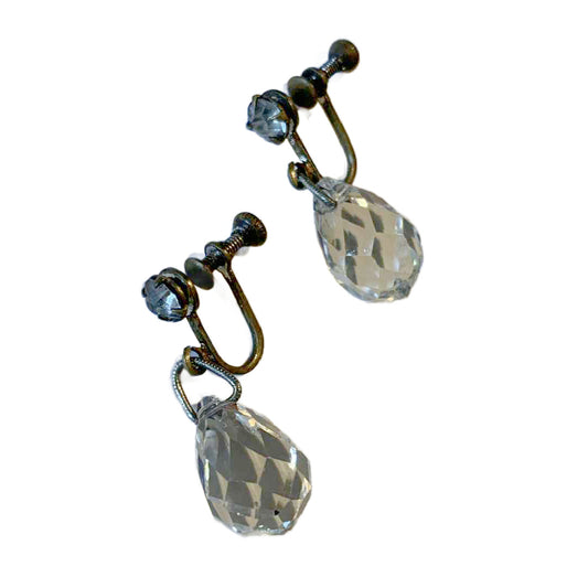 Glamorous Faceted Lead Crystal Droplet Screwback Clip Earrings circa 1940s