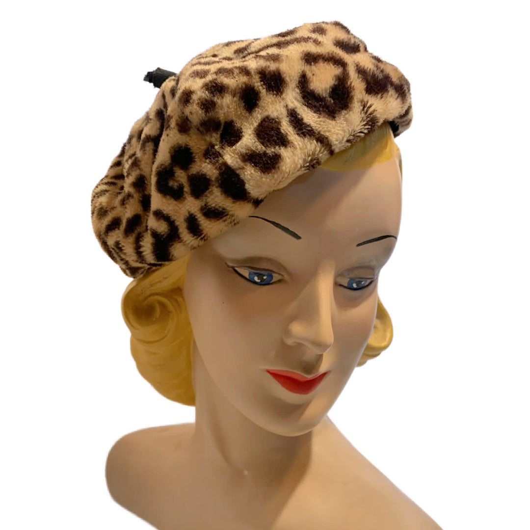 Faux Leopard Print Chic Beret Hat with Stem circa 1960s
