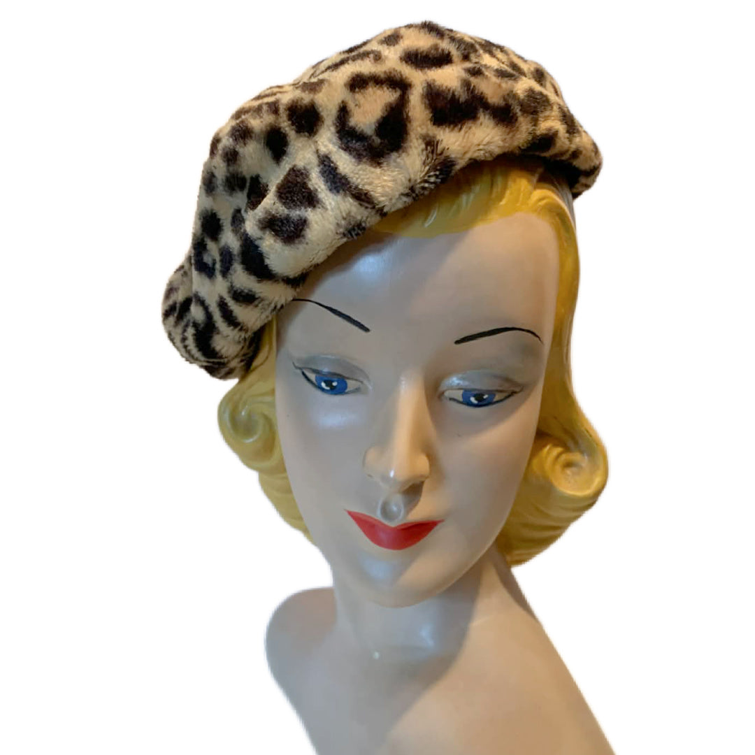 Faux Leopard Print Chic Beret Hat with Stem circa 1960s