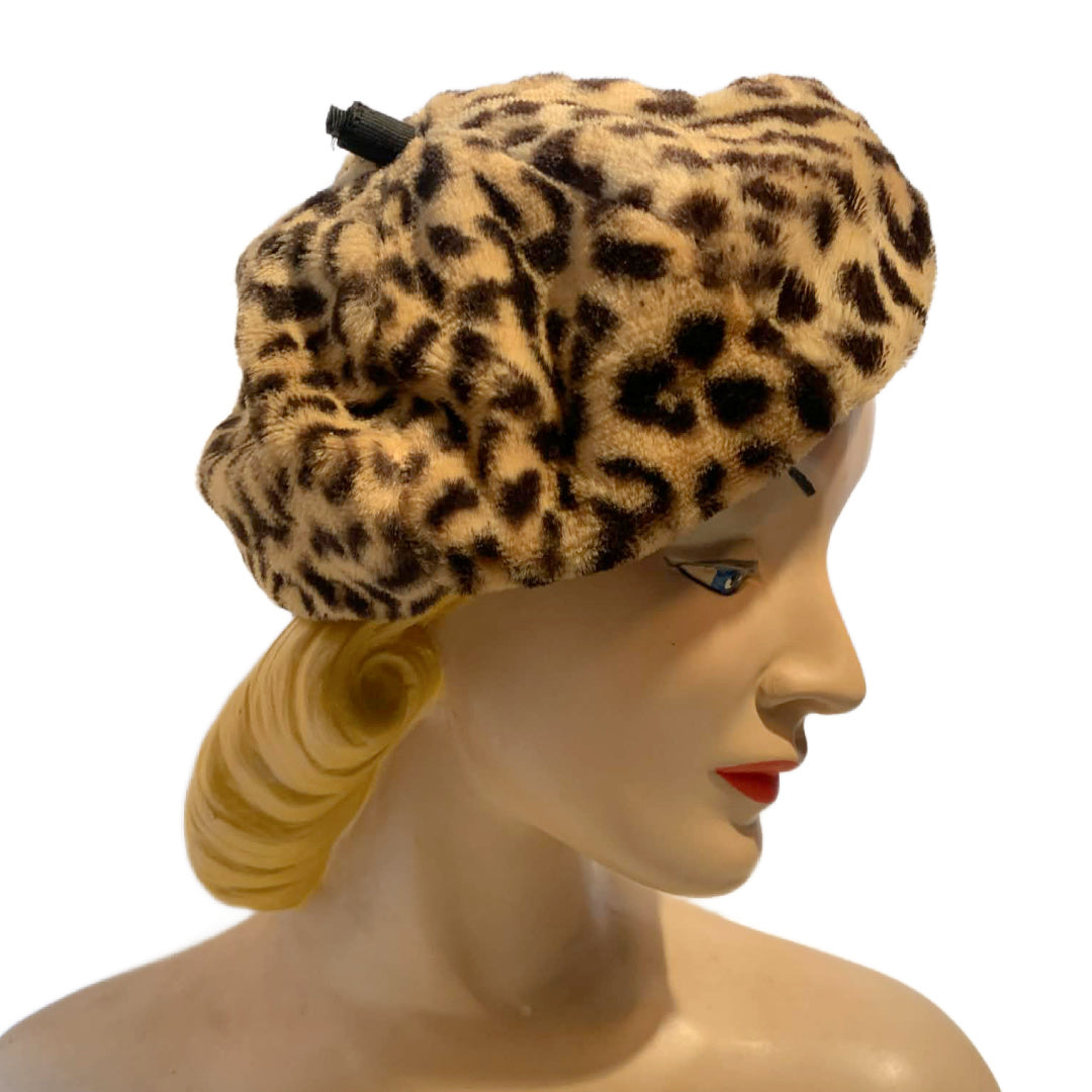 Faux Leopard Print Chic Beret Hat with Stem circa 1960s