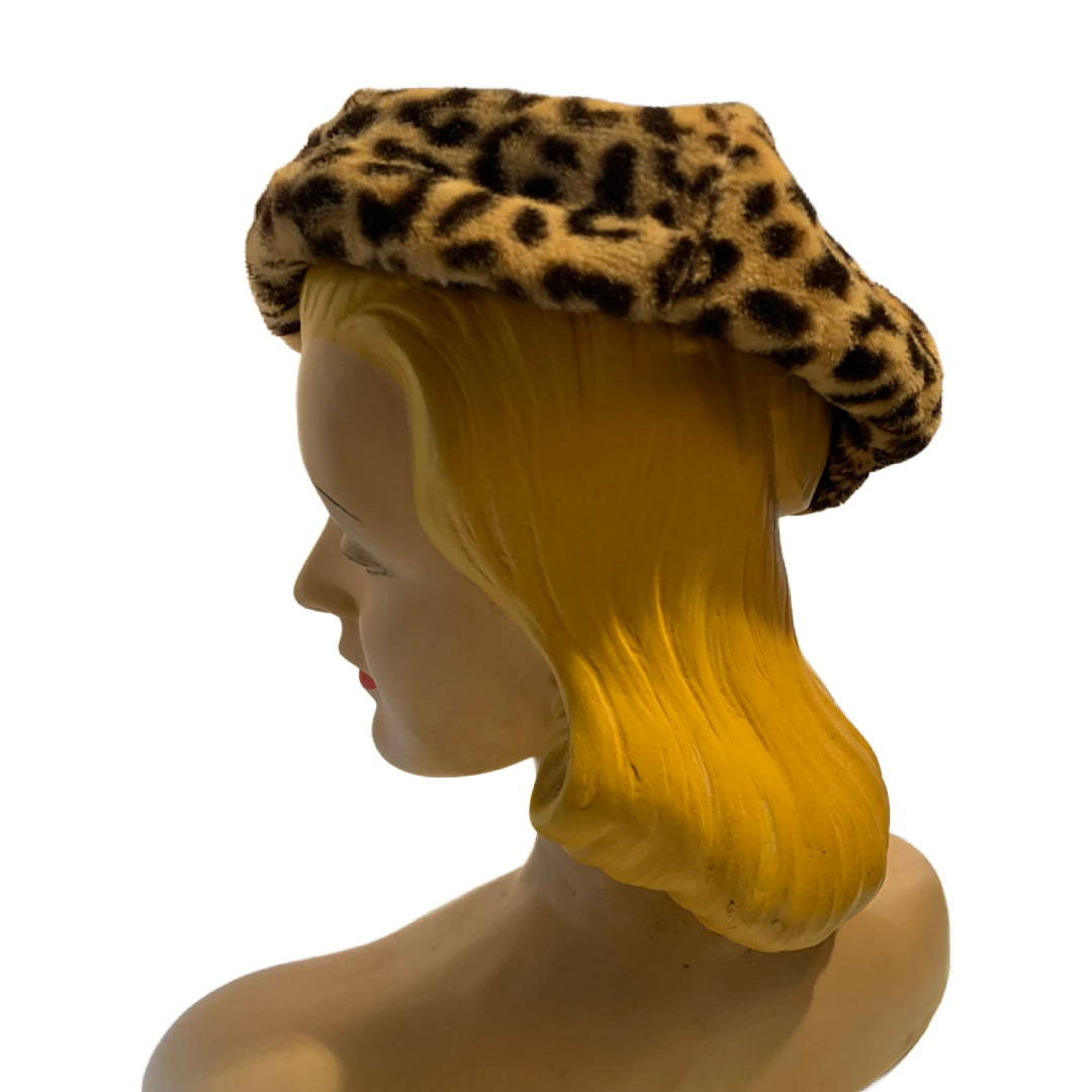 Faux Leopard Print Chic Beret Hat with Stem circa 1960s