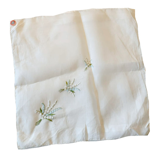 White Cotton Handkerchief with Lily of the Valley Embroidery circa 1960s