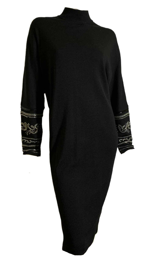 Black Knit Wedge Style Dress with Beaded Cuffs circa 1990s