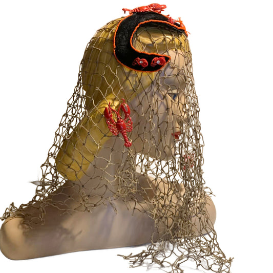 Hello Dali Reimagined Black Velvet Cocktail Hat with Beads, Feathers and Lobsters