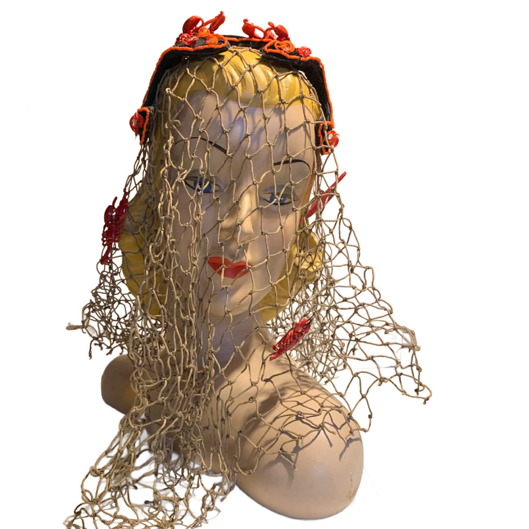 Hello Dali Reimagined Black Velvet Cocktail Hat with Beads, Feathers and Lobsters