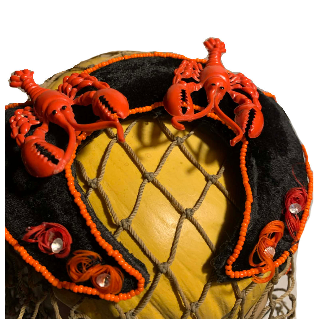 Hello Dali Reimagined Black Velvet Cocktail Hat with Beads, Feathers and Lobsters