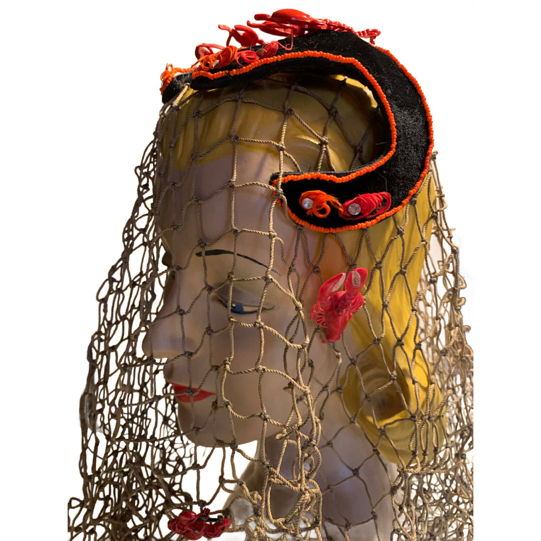 Hello Dali Reimagined Black Velvet Cocktail Hat with Beads, Feathers and Lobsters